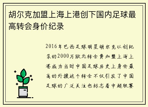 胡尔克加盟上海上港创下国内足球最高转会身价纪录 胡尔克加盟上海上港创下国内足球最高转会身价纪录